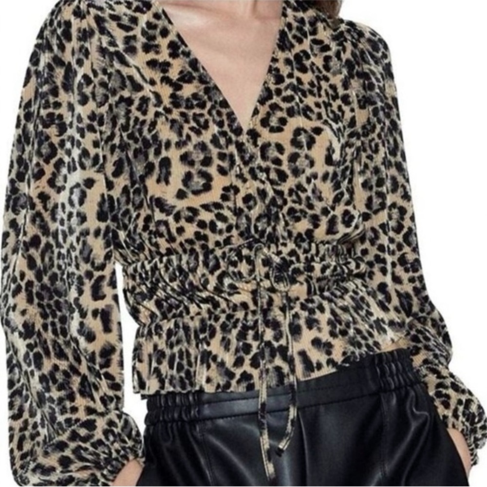 Zara Leopard Blouse Small Beige Black Animal Print Pleated Plisse Bow Trendy